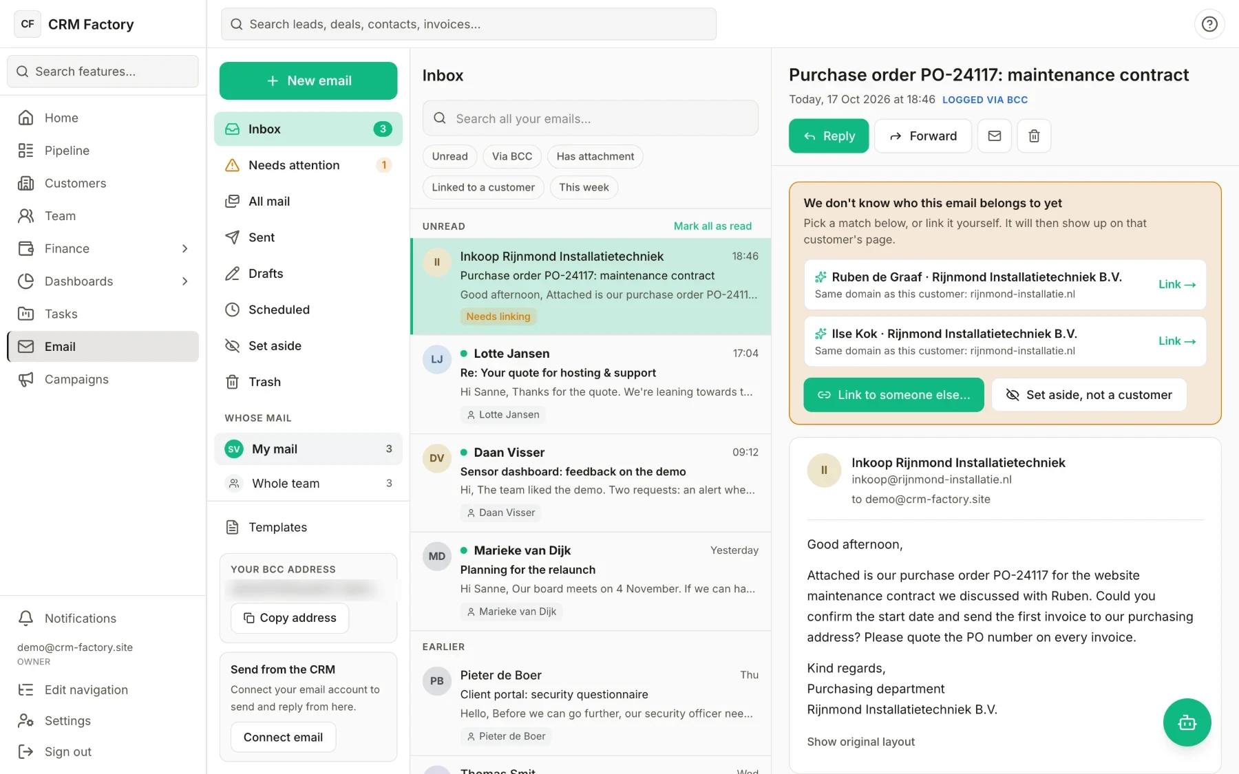 Inbox with an email that could not be filed automatically; the CRM suggests two contacts at the same company to link it to.