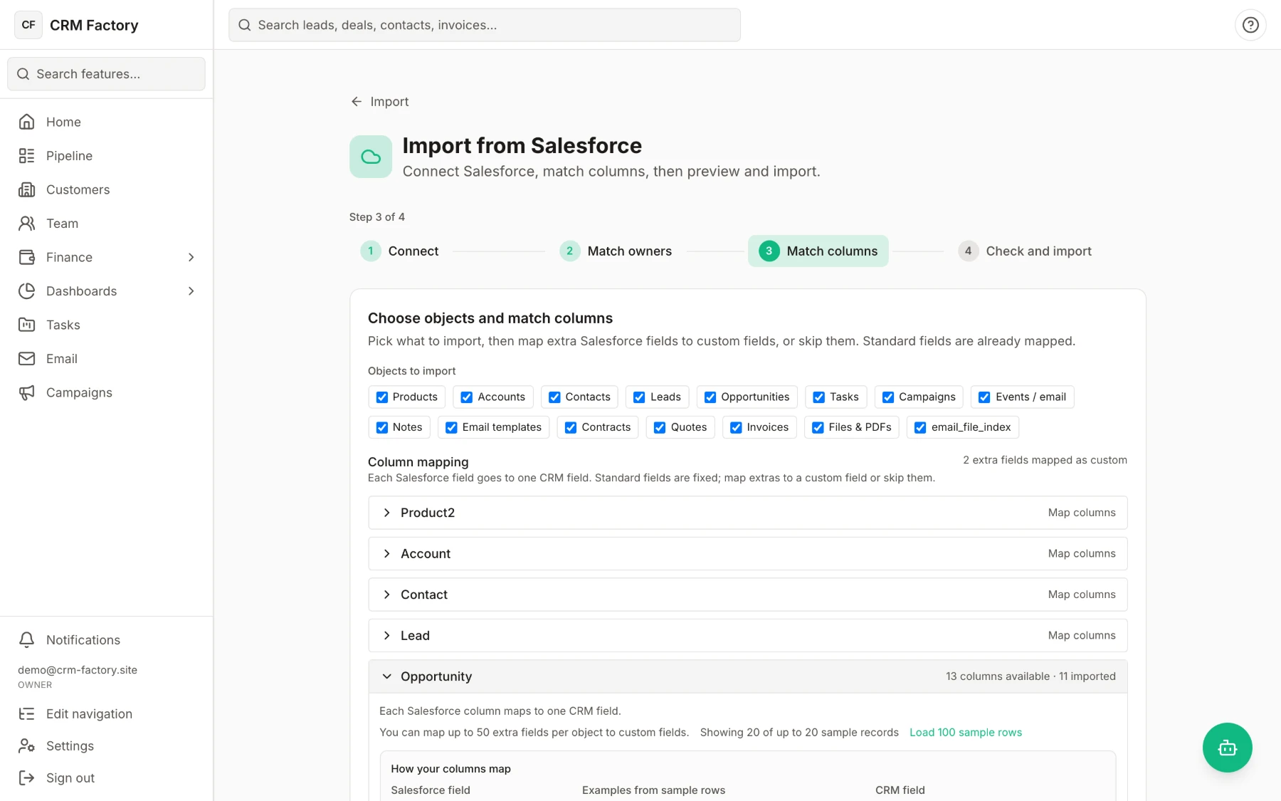 Salesforce import, step 3 of 4: choose the objects to import and match columns.