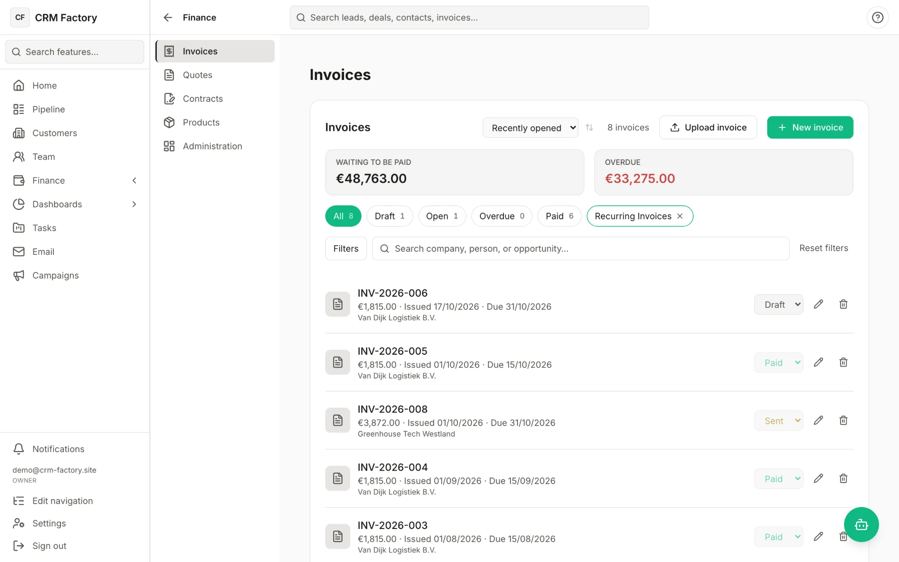 Invoices list filtered to recurring invoices, with a draft prepared and waiting to be sent.