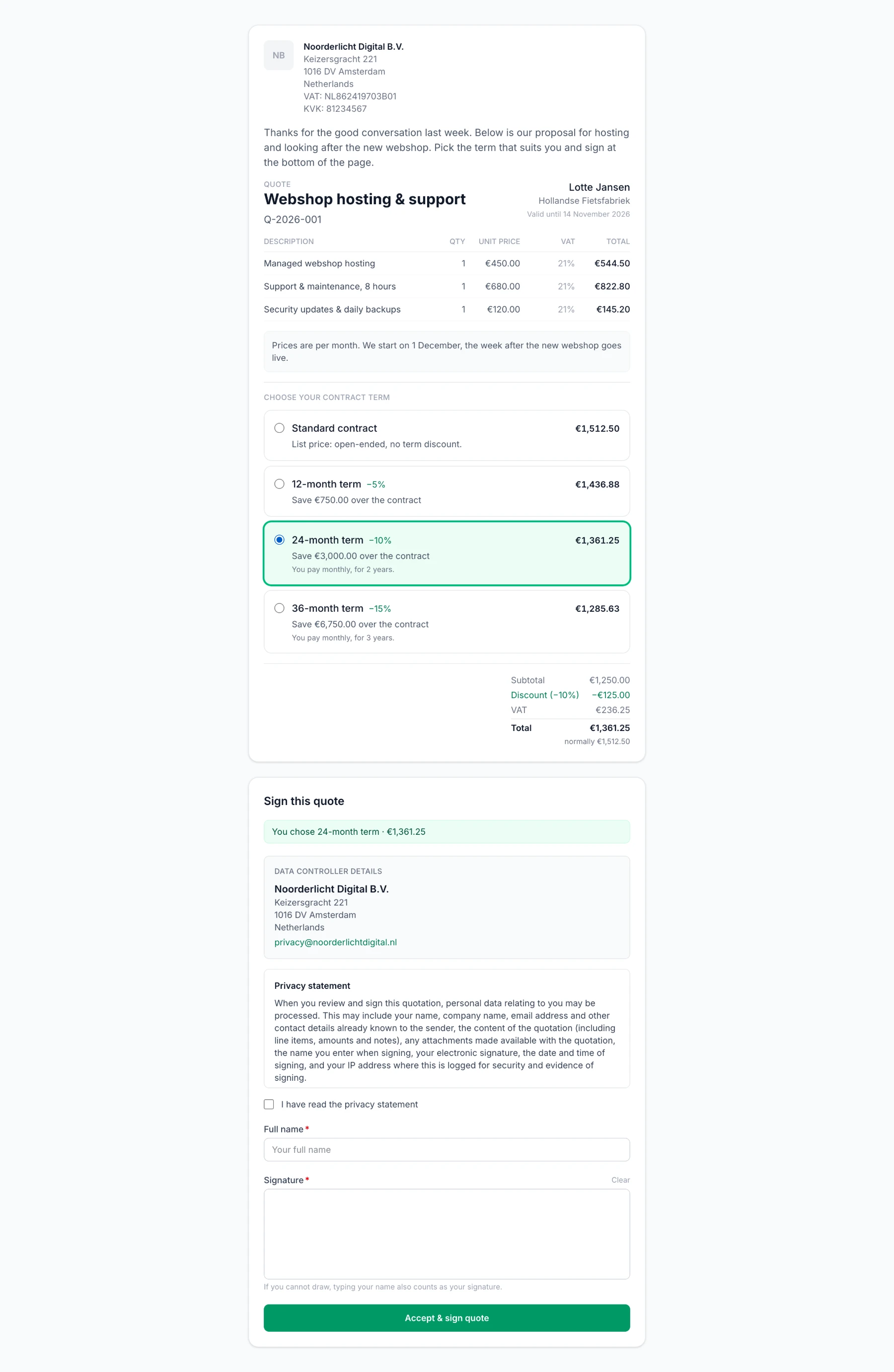 Customer-facing quote page: the customer picks a contract term (24 months with 10% discount is selected), sees the total, and signs below.